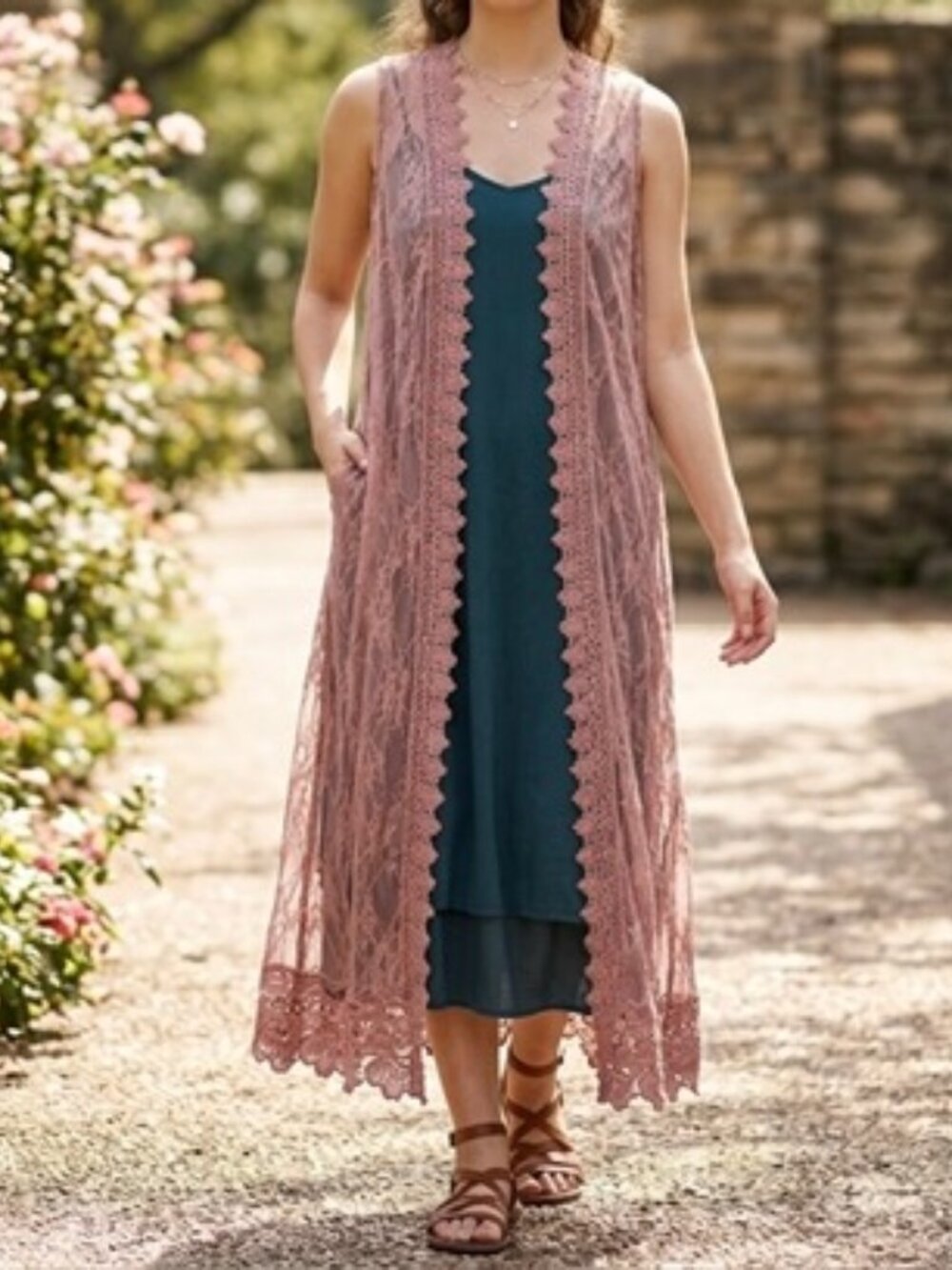 Polly & Esther Rose Lace Duster Vest XL Sleeveless Long Boho Festival Fairycore